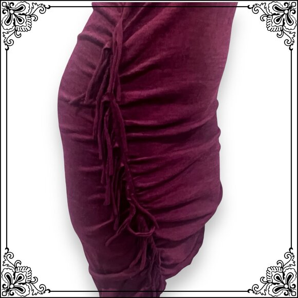 EXPRESS Heather Burgundy Bodycon Ruched Fringe V-Neck Dress - Size M - Picture 8 of 11